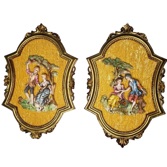 2 PANNEAU VINTAGE ITALY Golden Velveteen In Wooden Frame One Flaw - Picture 6 of 9